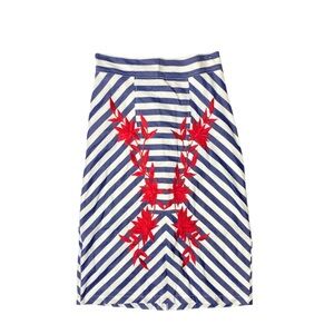 eShakti Blue and White Embellished Midi Pencil Skirt